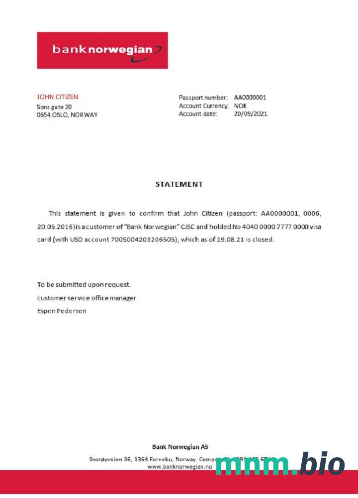 Norweski Bank Norweski przykład odniesienia zamknięcia w formatach Word i PDF